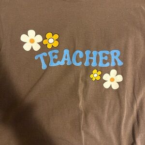 Comfort Colors Brown Tee with Floral and Blue 'TEACHER' Print